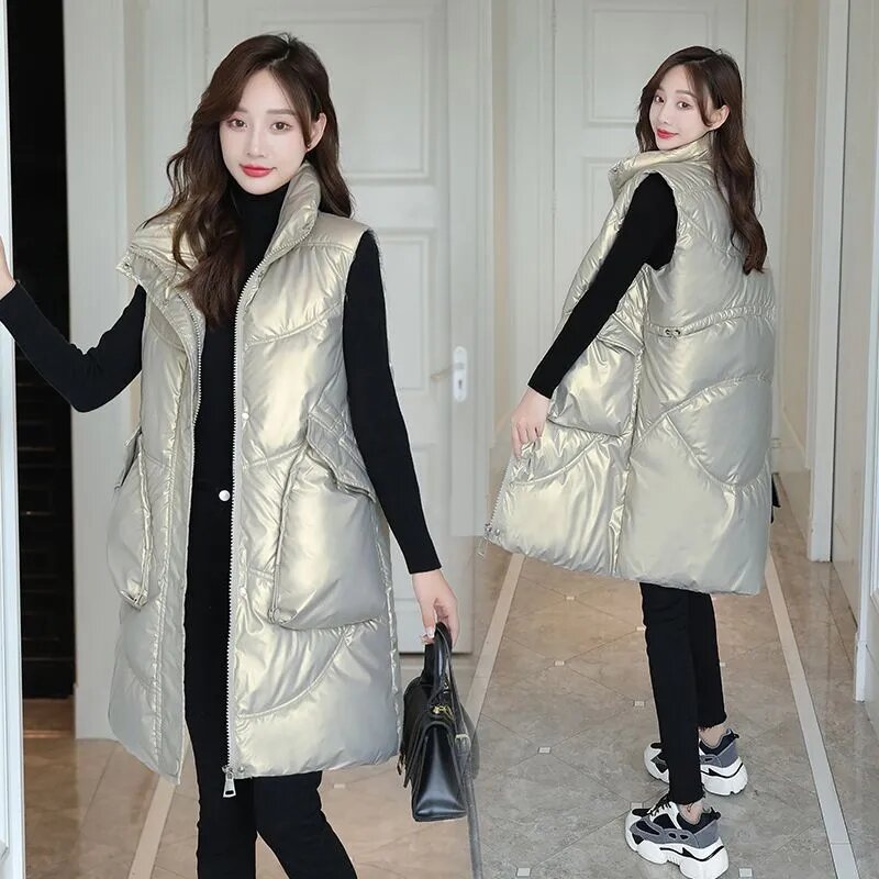 Jaket rompi Korea wanita, jaket rompi katun tanpa lengan panjang Cerah musim gugur dan dingin 2024