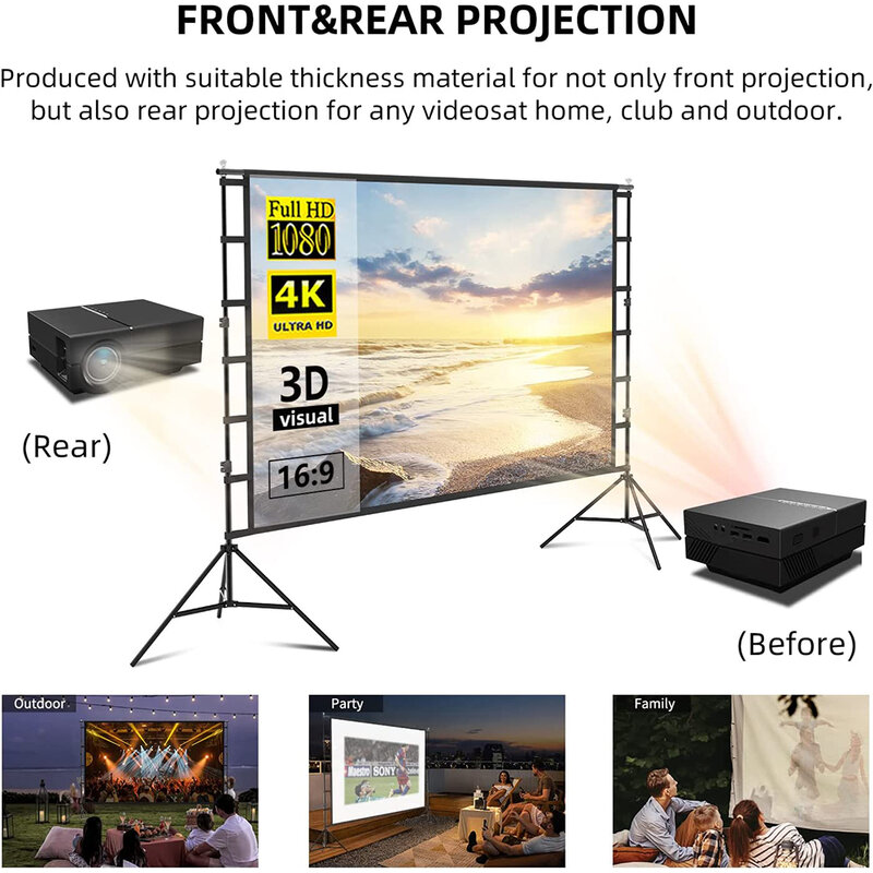 VEIDADZ Projector Screen With Stand White Wrinkle-Free 160° Viewing Angle 60-150 inch Double Sided Screen Home Theater Outdoor