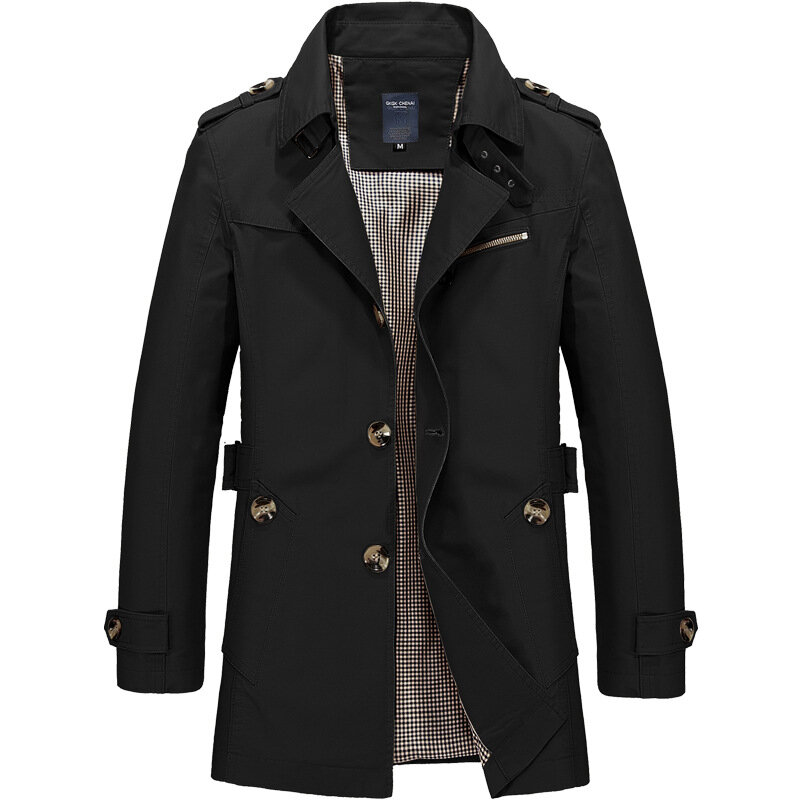 Casaco de algodão lapela de comprimento médio masculino, streetwear casual, design de botões, roupas de trabalho, primavera e outono, M-5XL