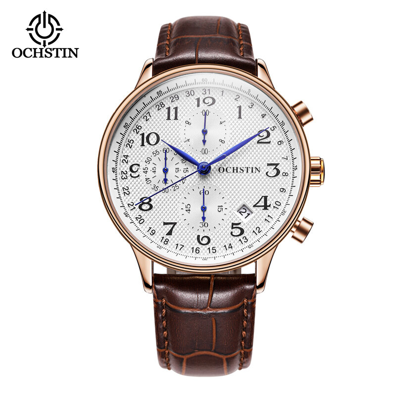 Ochstin Heren Horloges Top Brand Luxe Lederen Armband Man Klok Analoge Quartz Sport Chronograaf Horloge 30M Waterbestendig