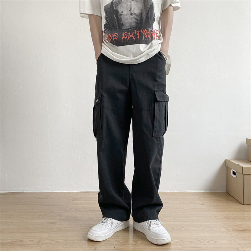 Kieszonkowe dziewięciopunktowe spodnie męskie dla mężczyzn w główna ulica amerykańskim Hip-Hop luźne prosta szeroka nogawki luźne długie spodnie dla mężczyzn
