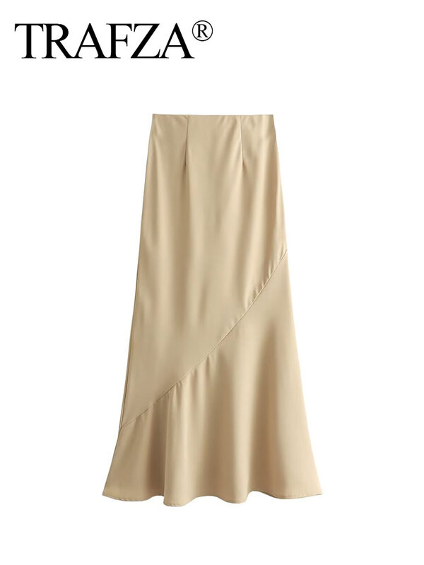 TRAFZA-faldas largas de cintura alta para mujer, faldas asimétricas de corte en A, elegantes y ajustadas hasta el tobillo, color caqui, Verano