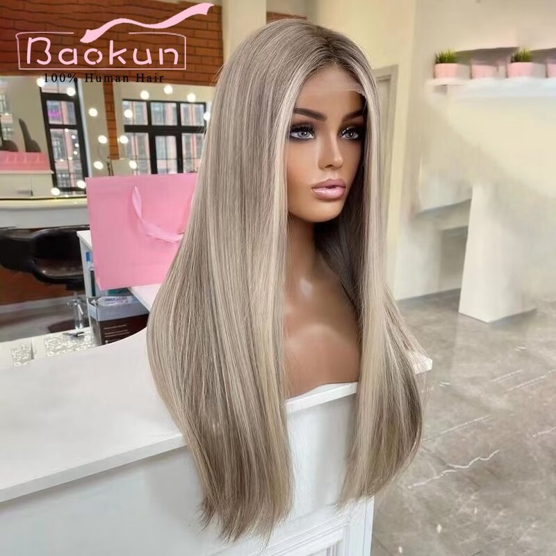 13x4 Ash Blonde Highlight Wig Straight Lace Front Wigs Human Hair Pre Plucked Transparent 13x6 HD Lace Frontal Wig For Women