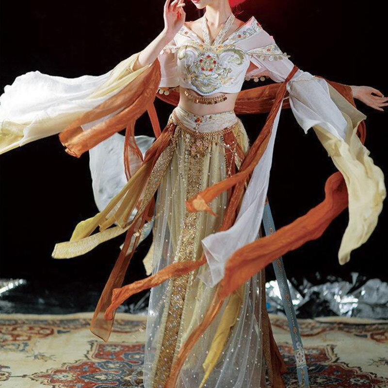 Vestido de diosa de las regiones occidentales Dunhuang Feitian, vestido de princesa, estilo exótico chino Cos, traje de baile de estilo nacional para mujer