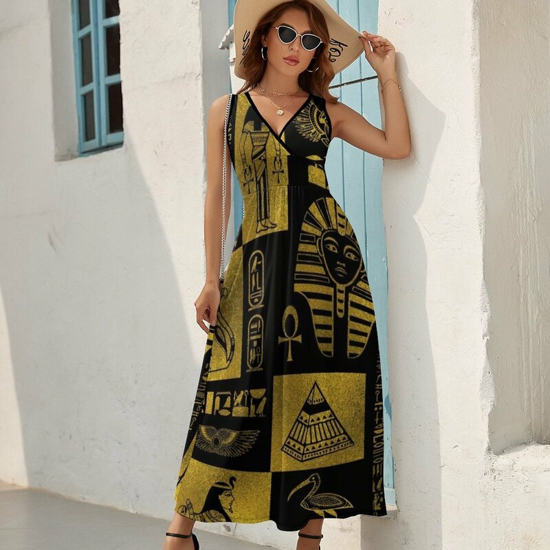 이집트 골드 상형 문자 및 기호 콜라주 민소매 드레스, 2023 여성 의류