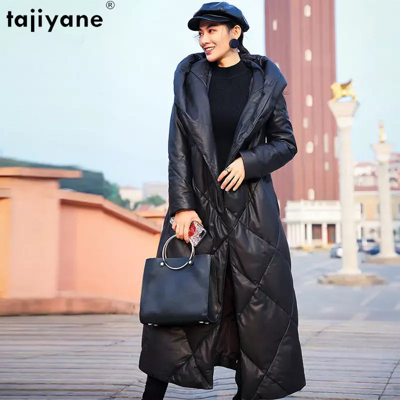 Tajeyane-Chaqueta de piel de oveja auténtica para mujer, chaquetas de cuero con capucha, abrigos de plumón cálidos, prendas de vestir largas, 2023