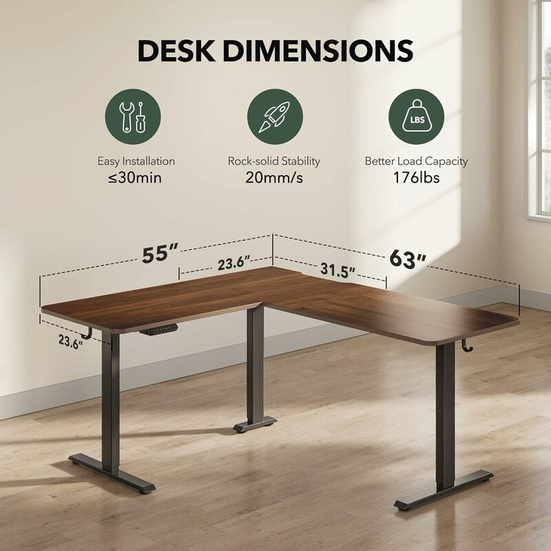 Meja berdiri bentuk L dengan papan sambungan, tinggi dapat diatur, meja sudut berdiri, dudukan duduk, rumah dan kantor Bla