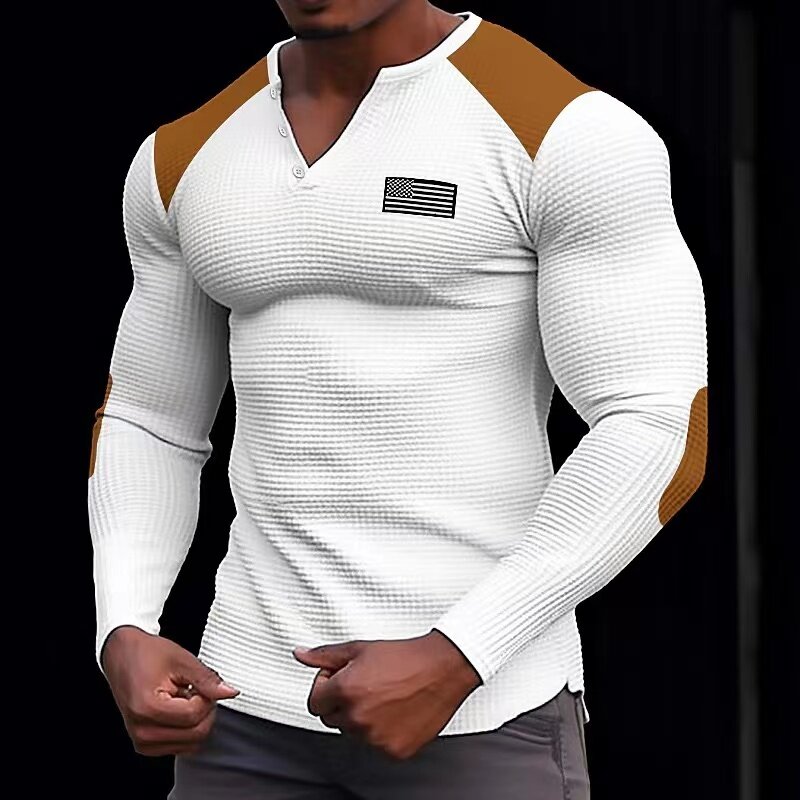 Spring New Solid Color Slim Fit Long Sleeve T-shirt Men's Small V-neck Breathable Sports Coat Waffle Cotton Casual Long Sleeve