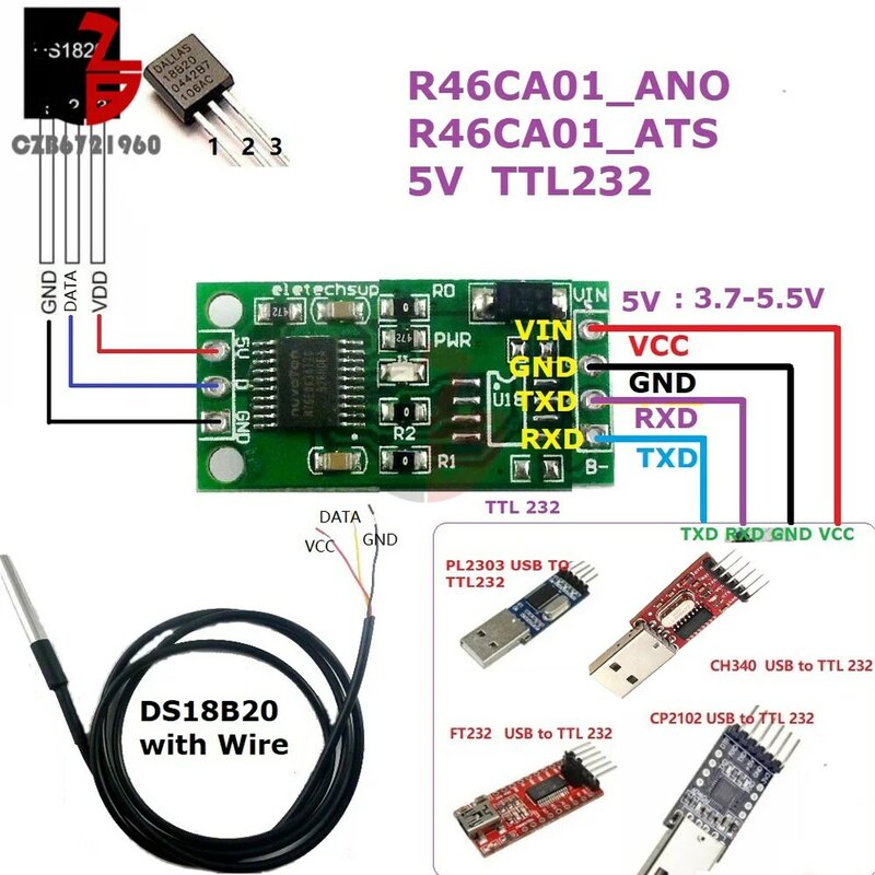 DC 5V 12V DS18B20 RS485 RS232 TTL Com UART czujnik akwizycji temperatury Modbus RTU dla Arduino PC PLC moduł akwizycji danych MCU