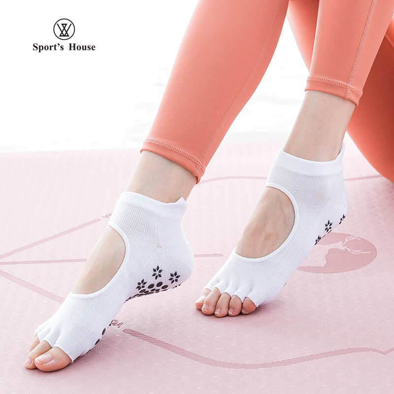 SPORT'S HOUSE kaus kaki yoga lima jari wanita, kaus kaki lantai kebugaran modis menyerap keringat desain berongga jari embun antiselip