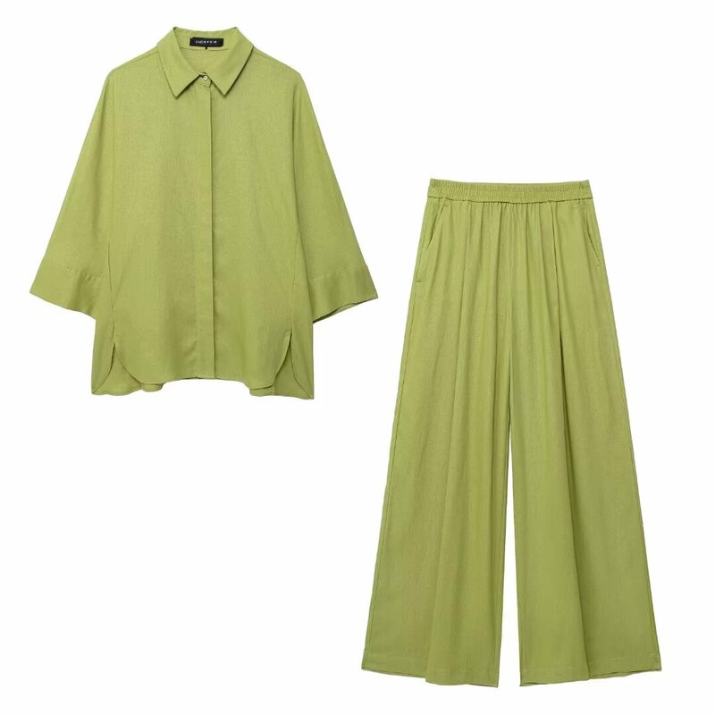 Women's 2024 New Fashion Side Split Design Loose Linen Blended Lapel Shirt Retro Long sleeved Button up Women's Shirt Chic Top