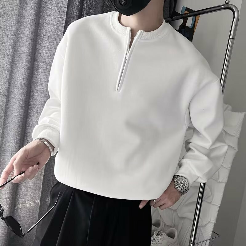 Spring Autumn Korean Casual Fashion Zipper Sweatshirt Man Business Loose All Match Male Pullover Tops Solid Streetwear Clothes