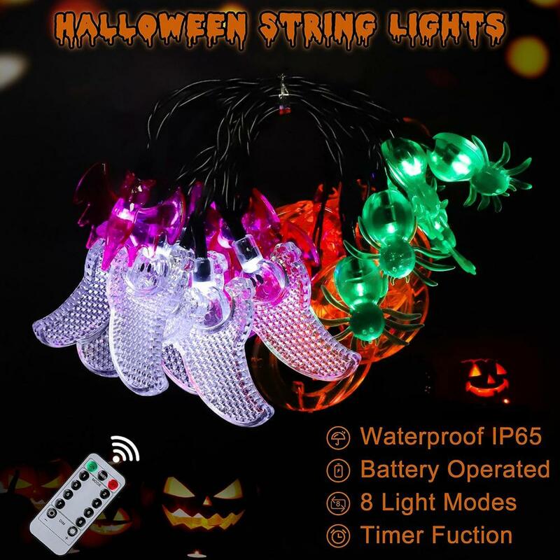 Cadena de luces impermeables para decoración de fiesta de Halloween, cadena de luces con Control remoto escalofriantes, 8 modos, funciona con batería, Araña de murciélago