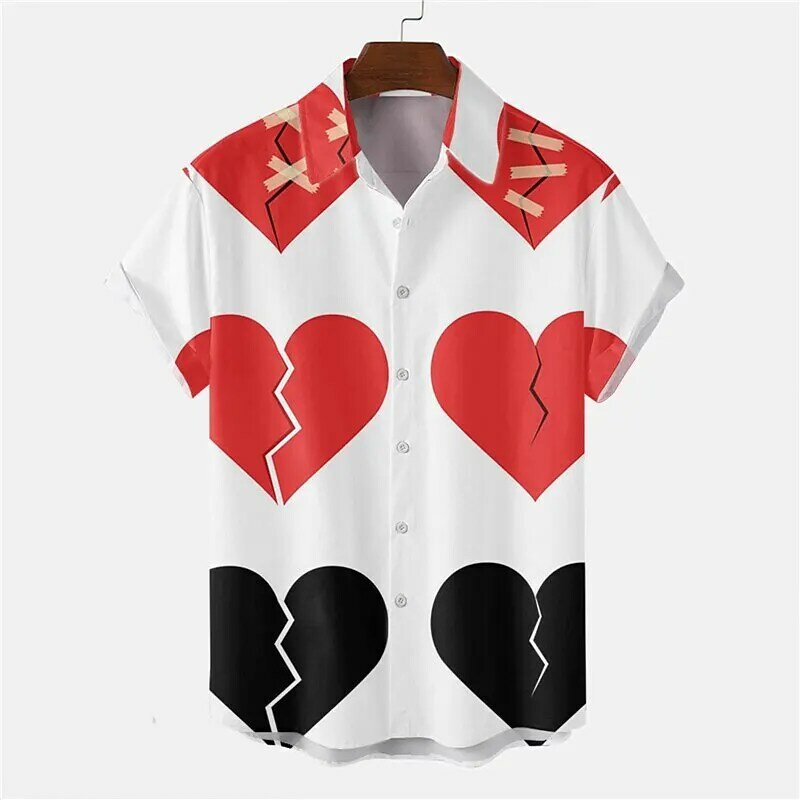 Camisa havaiana de verão masculina, padrão de coração, lapela, arco-íris, rua, casual, manga curta, estampa de botões, moda