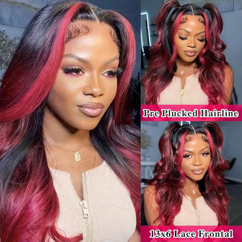 Burgundy 1B99J 13x6 Body Wave Lace Front Wigs Human Hair HD Transparent Lace Frontal Wigs Wine Red with Dark Roots Pre Plucked