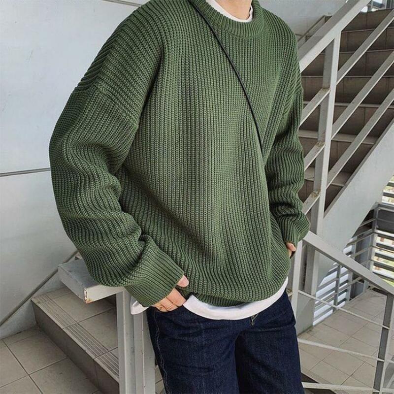 Suéter de malha de manga comprida masculino, camisa de fundo, pulôver monocromático, tops soltos, streetwear, estilo coreano, outono, inverno