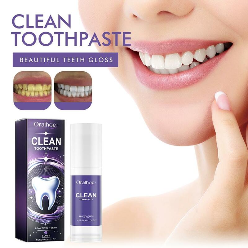 Pasta de dientes blanqueadora púrpura, eliminación de manchas de dientes, reparación de cuidado de encías, aliento fresco, brillo de dientes, B8N1, 30ml