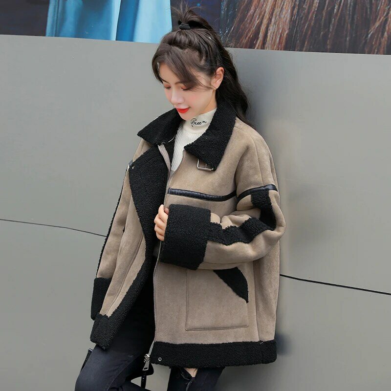 Jaqueta de lã de cordeiro feminino 2022 outono inverno quente parka outerwear moda solto curto grão velo thicke motocicleta roupas