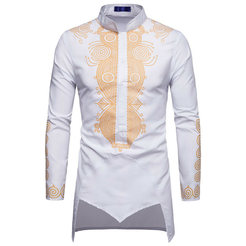 Chemise mi-longue pour hommes, vêtements musulmans, col montant imprimé doré, noir, blanc, rouge, haute qualité