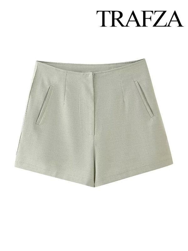 TRAFZA Women Fashion Solid Color High Waist Side Pockets Zipper Shorts Woman Summer Casual Chic Slim Beach Shorts Streetwear