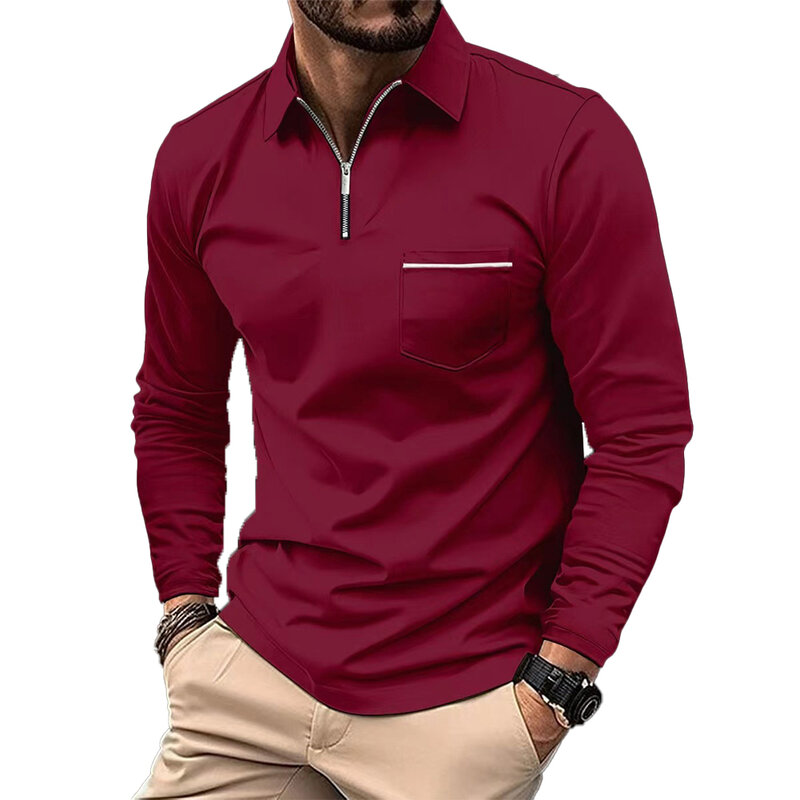 Camisas masculinas de bolso com zíper, secagem rápida, leve, casual, tops de equipe esportiva, camiseta sólida, negócios, outono