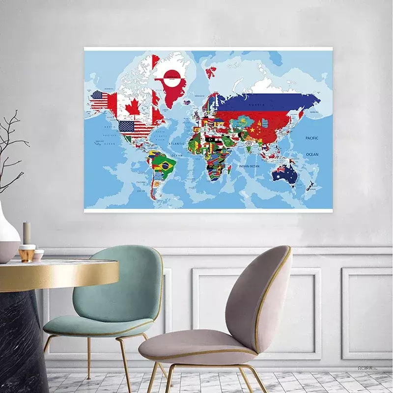 Mapa Físico do Mundo Não Tecido com Bandeiras do País, Placa para Escritório, Escola, Decoração de Parede, Cartaz de Decoração, 150x100cm