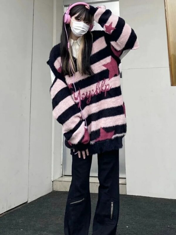 Deeptown Cyber Y2K Harajuku Star Striped Sweater Women Vintage Hip Hop Oversized Knitted Jumper Grunge Casual Tops E-girl 2000s