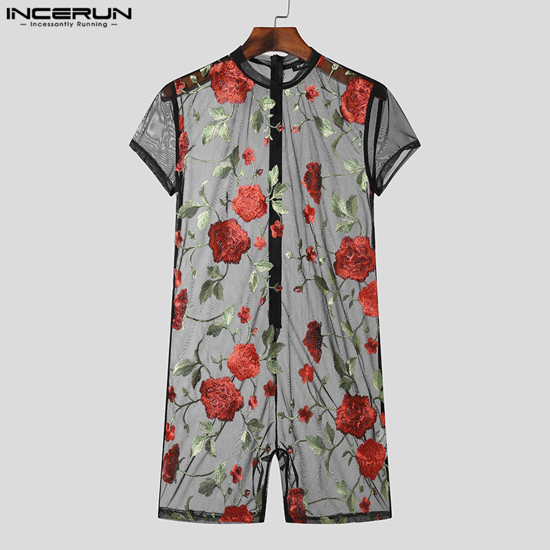 American Style Sexy New Men Homewear Jumpsuits Perspective Thin O-Neck Flower Printing Short Sleeve Bodysuits S-3XL INCERUN 2024