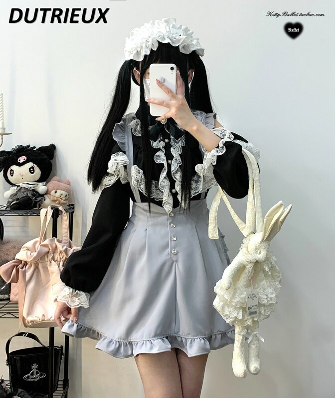 Sweet Cute Girl's High Waist Short A- line Skirt Love Gem Single-Breasted Wooden Ear All-Match Solid Color Suspender Skirts