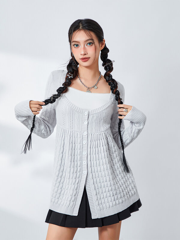Women s Cable Knit Sweaters Casual Long Sleeve Square Neck Button Down Loose Tops