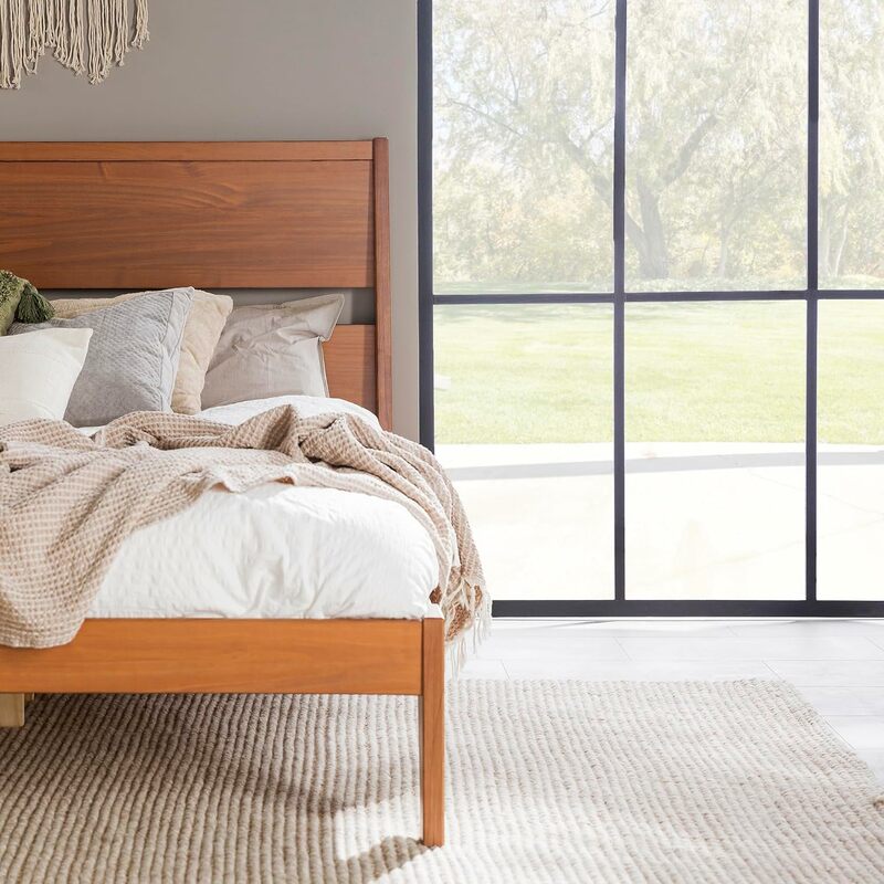 Z połowy wieku nowoczesna drewniana rama łóżko z pełnymi bokami typu Queen zagłówek podnóżek rama łóżko sypialnia, królowa, karmel