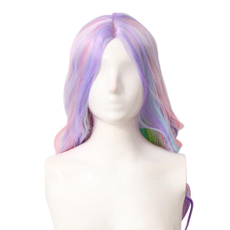 Highlight Dyed Mid-Length Curly Hair Synthetic Wig Wavy Rainbow Wig for Performance Music Festival Party Wedding Cosplay