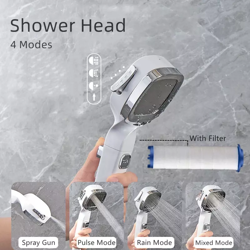 スイッチとオフボタン付きの高圧シャワーヘッド,節水スプレー,調節可能なノズルフィルター,バスルーム用,4モード