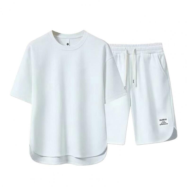 Conjunto de camiseta y pantalones cortos para hombre, traje informal de verano, camiseta de manga corta con cuello redondo, cintura elástica con cordón, pierna ancha, elegante