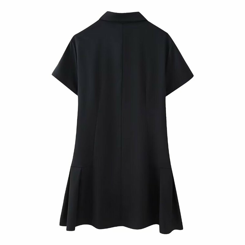 Mini vestido de manga curta plissado feminino, estilo de camisa slim fit, lapela larga, manga curta, botão para cima, moda chique, novo