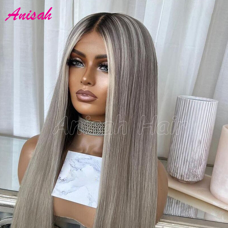 Ash Blonde Colored Lace Front Human Hair Wig Preplucked Bone Straight Highlight HD Transparent Lace Frontal Wigs For Women