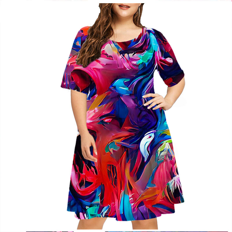 Robe imprimée de peinture abstraite pour femmes, mode de rue décontractée, col rond, manches courtes, grande taille, vêtements d'été, nouveau, 5XL, 6XL