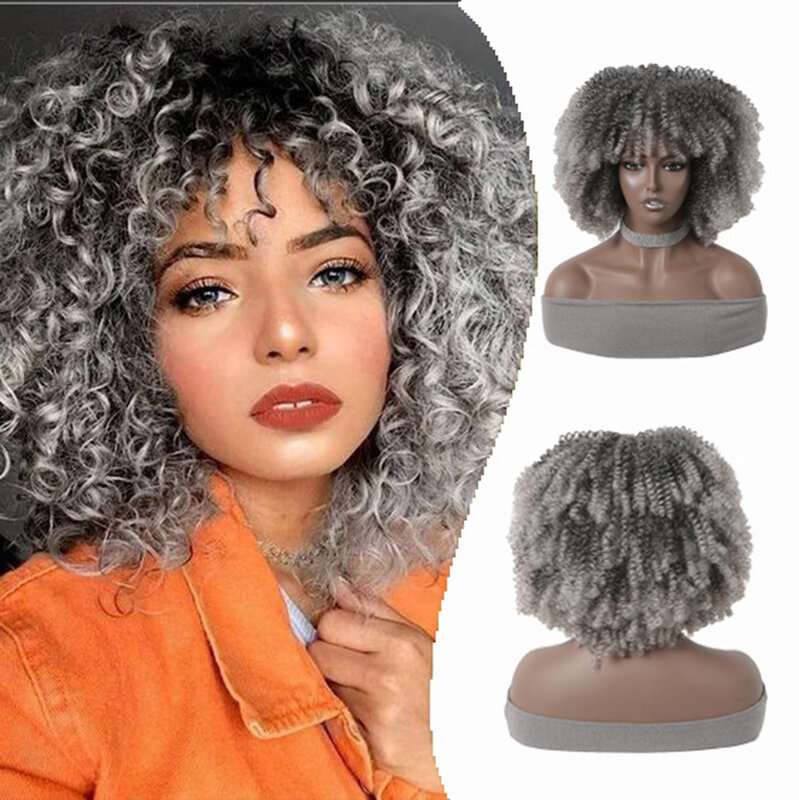 HAIRCUBE wig rambut keriting wanita, wig rambut sintetis keriting ikal Afro abu-abu pendek untuk wanita hitam terlihat alami untuk rambut palsu sehari-hari