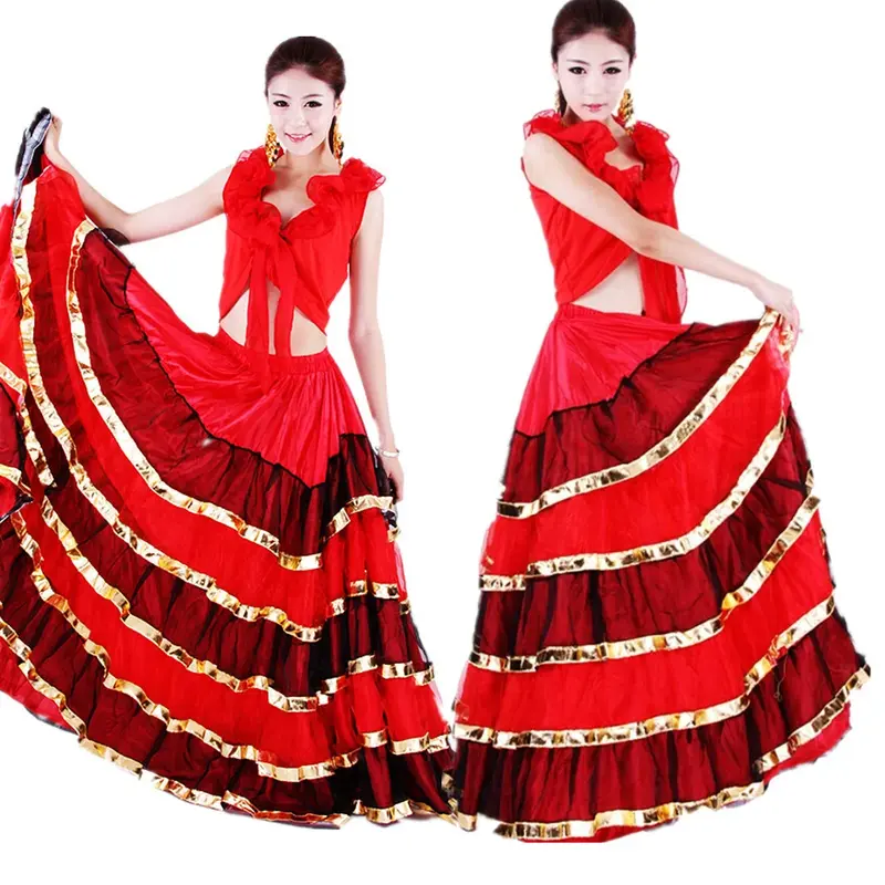 تنورة رقص فلامنكو إسبانية للنساء ، فستان راقص أحمر فاخر ، بطن ، زي قاعة رقص ، تنورة رقص