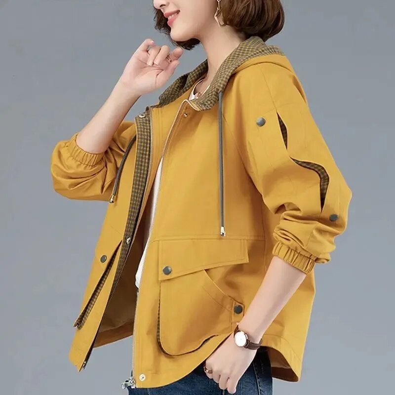 Jaket pendek wanita setengah baya, jaket Windbreaker bertudung longgar kasual ukuran besar musim semi dan gugur 2023