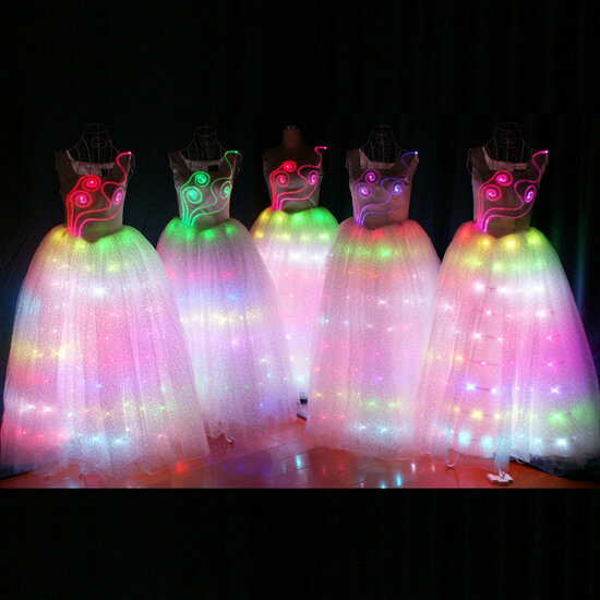 Robe de soirée en fibre optique LED colorée pour femme, lueur dans le noir