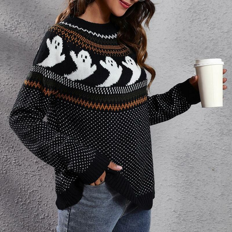 여성용 두꺼운 스웨터 여성용 스웨터, 아늑한 할로윈 스타일 스웨터, 만화 유령 인쇄, 긴 소매 니트 풀오버