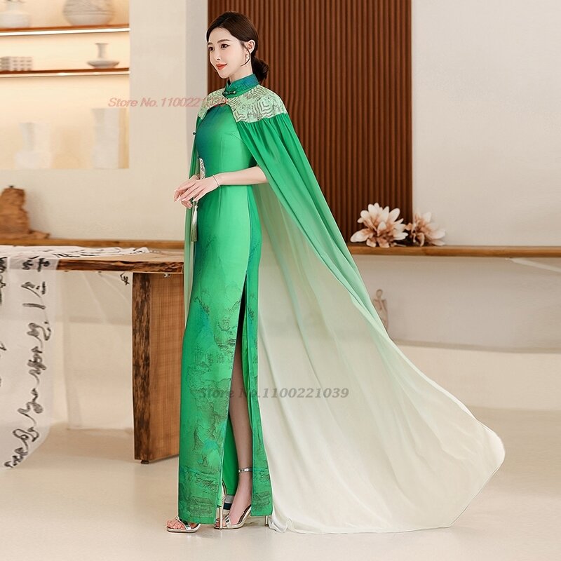 2024 chinesisches Vintage-Kleid verbessert Cheong sam nationale Blumen stickerei mit Umhang Qipao Retro Bankett Abend party Kleid