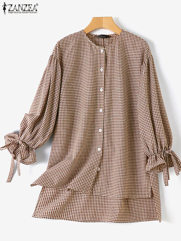 Богемная клетчатая мусульманская блузка ZANZEA, Осенние рубашки в клетку, женские топы с рукавом 3/4 и оборками, повседневный кафтан на пуговицах, блузы