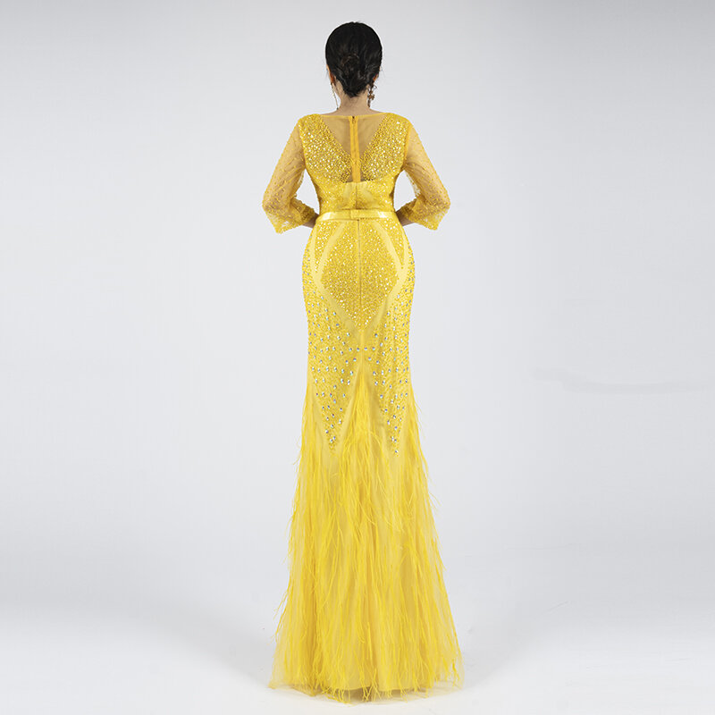 Женское длинное вечернее платье-русалка, роскошное обтягивающее платье с бусинами, в официальном стиле, с перьями