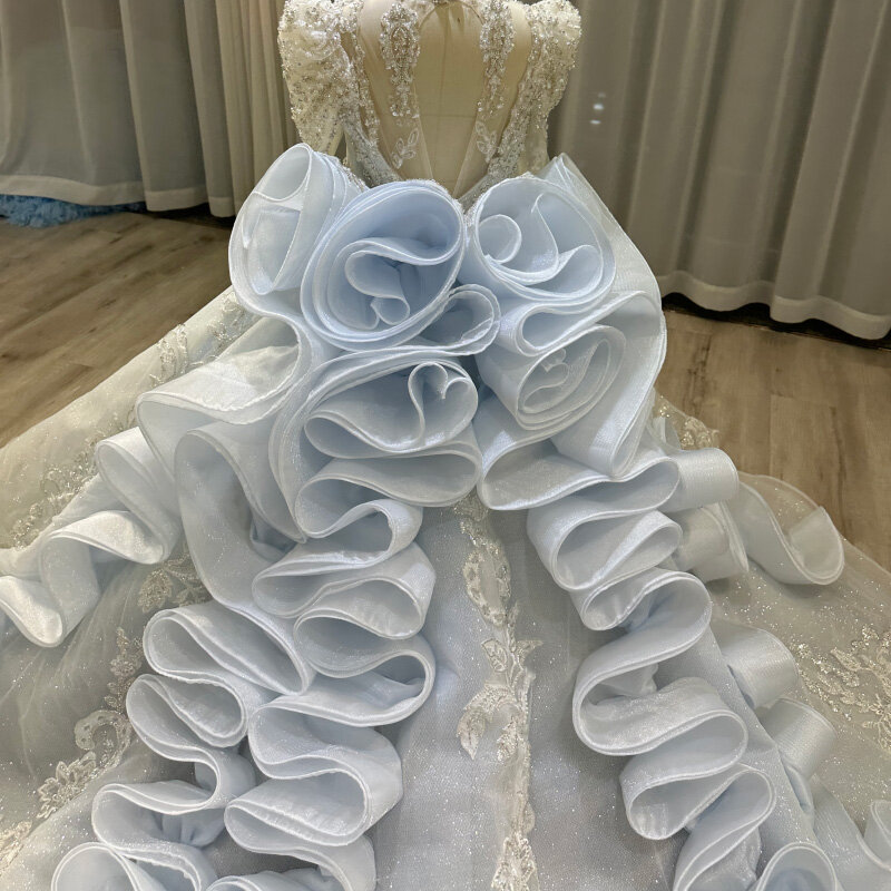 Children's blue gorgeous long sleeved pleated design tail wedding dress