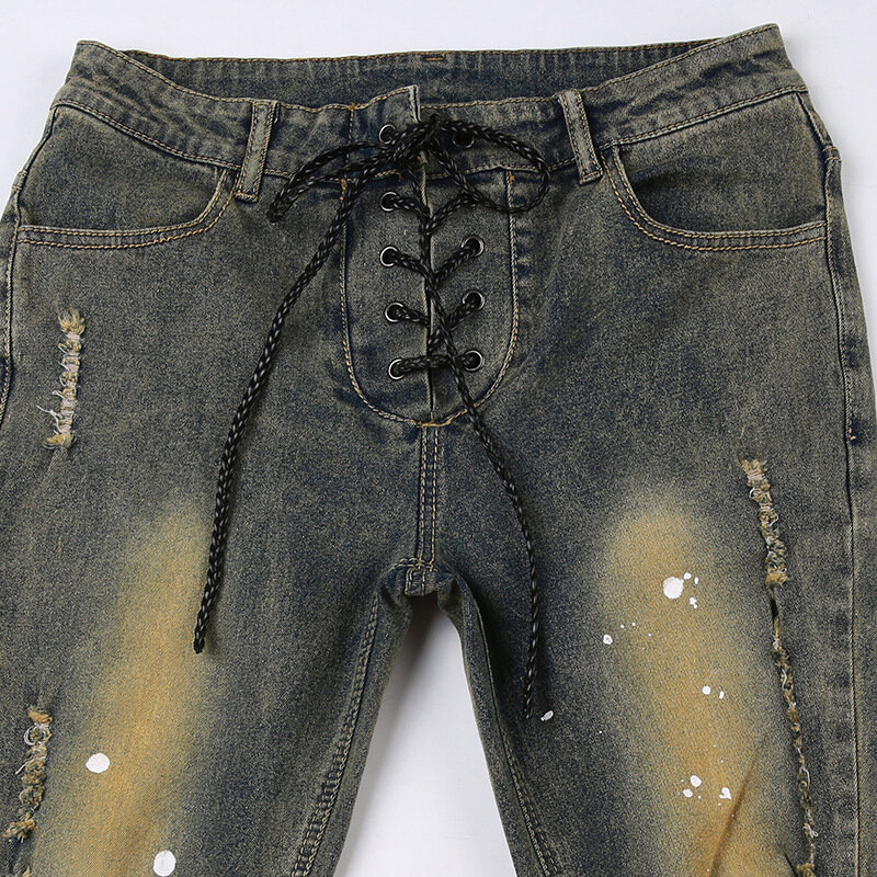 Женские джинсы, Новинка лета 2023, Y2k, пряные уличные брюки-клеш из денима в стиле Миллениум для девушек с низкой талией и дырками, джинсовые брюки на шнуровке