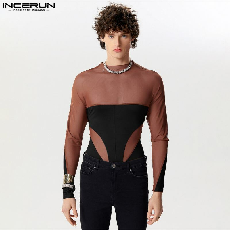 Incerun-男性用長袖ジャンプスーツ,三角形,透明メッシュ,破壊されたデザイン,スプライシング,セクシー,新しいS-3XL, 2022