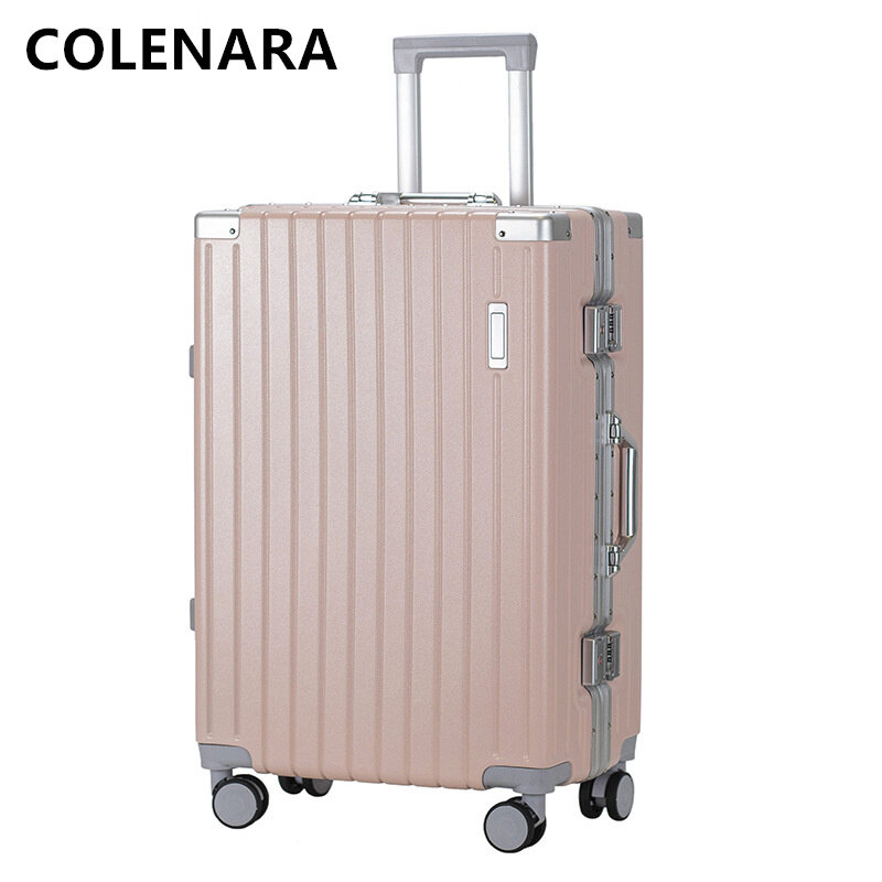 COLENARA koper PC 20 inci wanita, casing troli bingkai aluminium tahan aus, koper kabin dengan pemegang cangkir