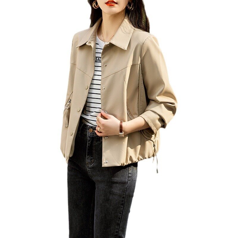 Mantel kulit kecil wanita, jaket kulit domba kasual Mode Korea kecil musim semi 2024